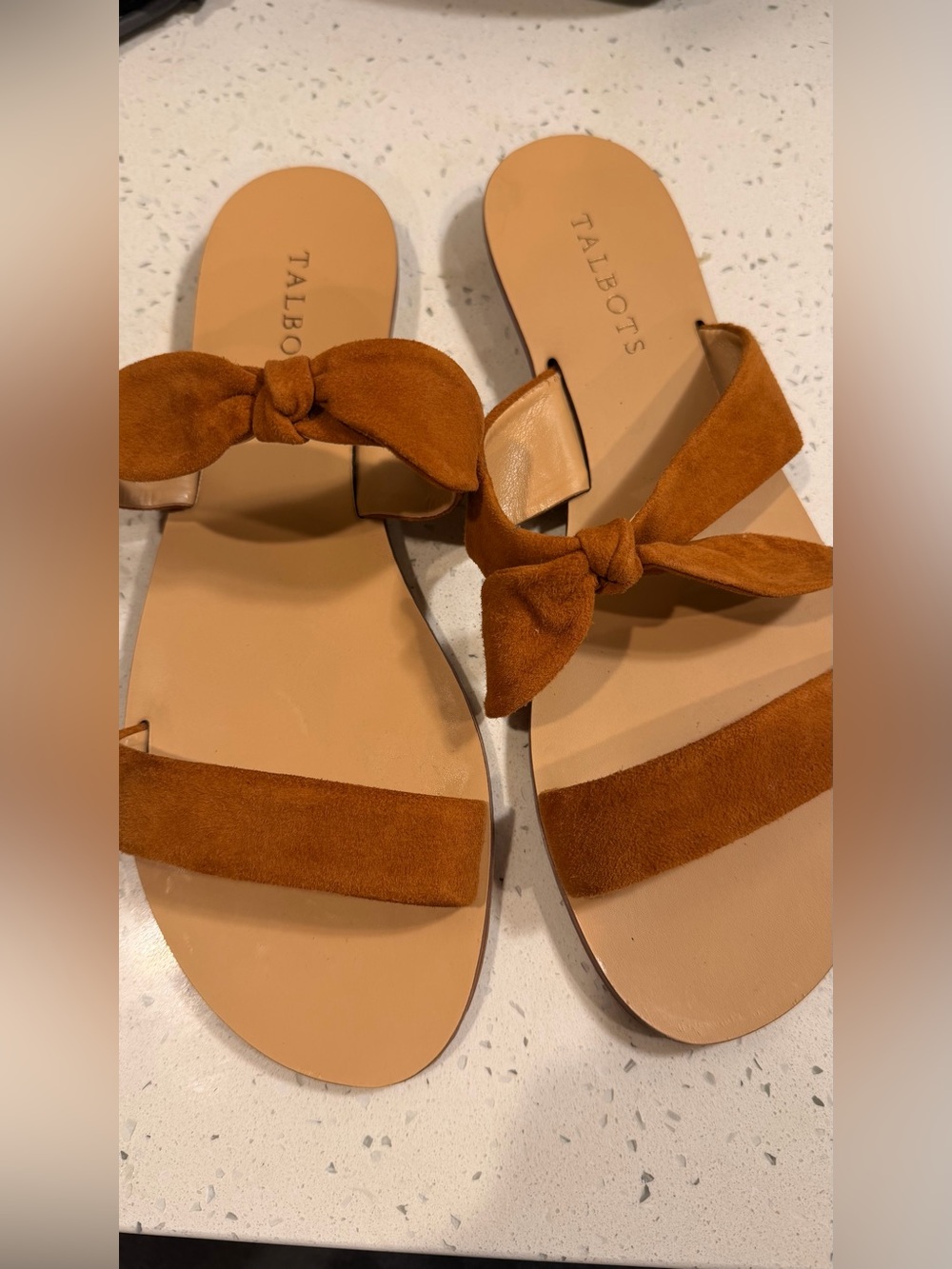 Talbots Suede Bow Slide Sandals — Cognac Brown